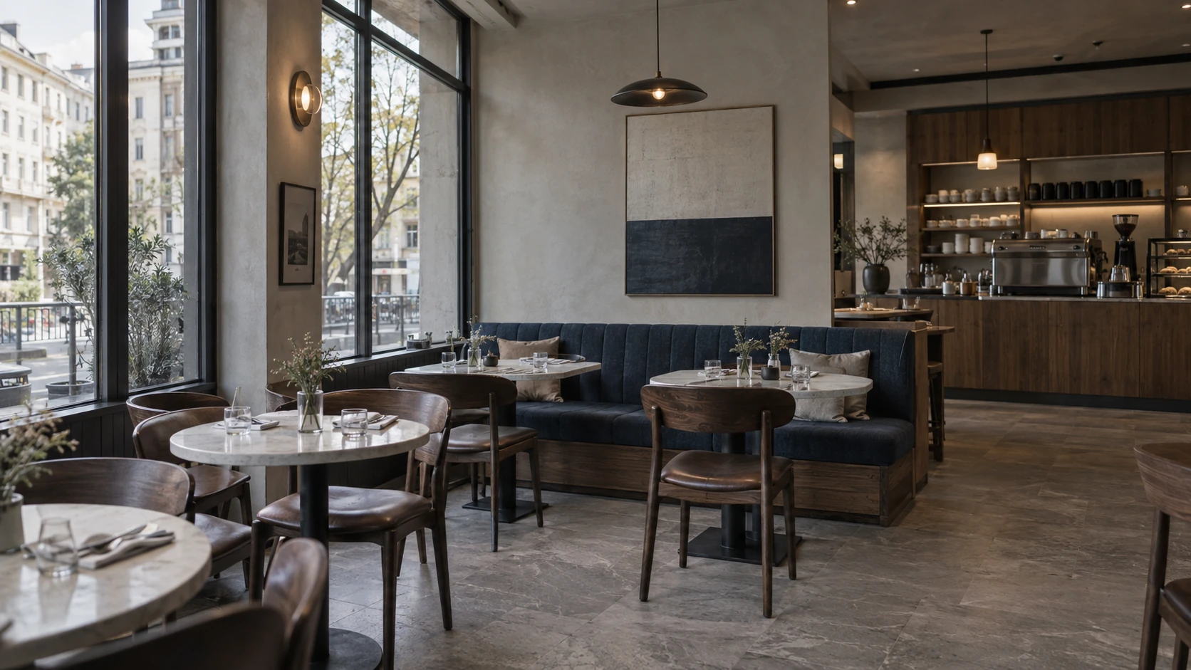 Doğal ışıklı, lacivert oturma alanlı kafe ve restoran konsepti